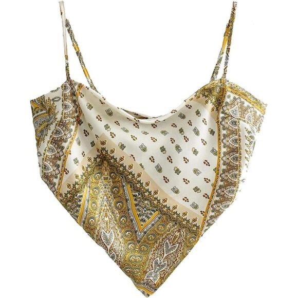 Yellow Printed Satin Silk Bandana Crop Top Tie Back Triangle Sleeveless Cami Top - Picture 8 of 11